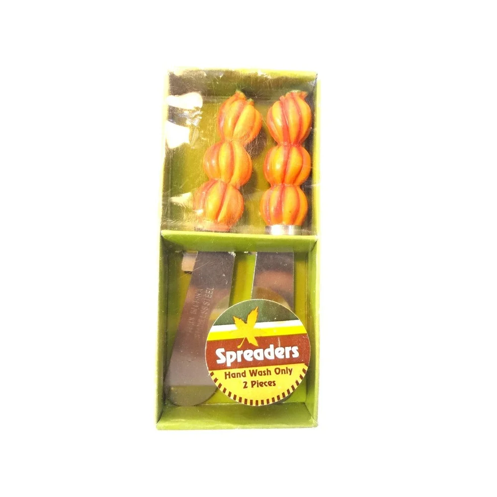 Stainless Steel Cheese Spreaders Orange Stacked Pumpkins Harvest Fall 2pc Set